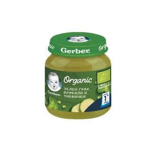 Nestle Gerber Organic пюре от зелен грах, броколи и тиквички, моето 1-во пюре 0.125 кг.