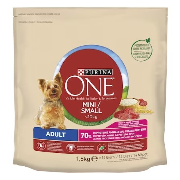 Purina ONE MINI суха кучешка храна с говеждо и ориз 1.5 кг.