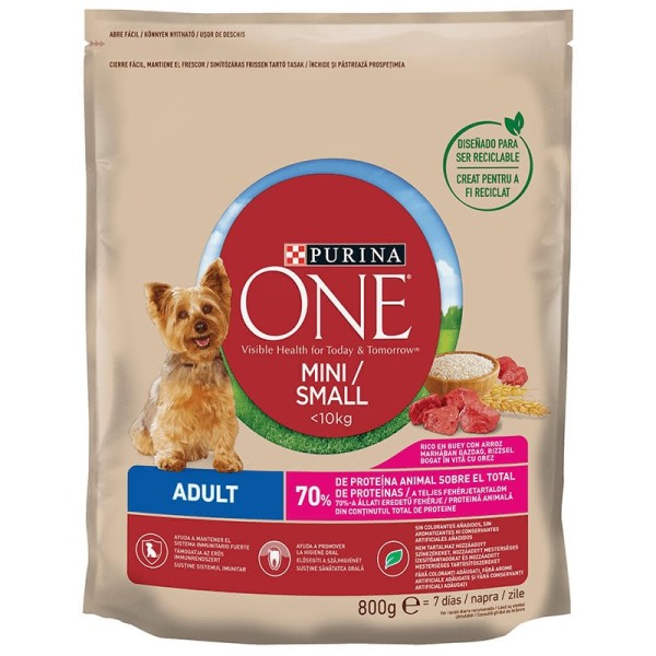 Purina ONE MINI суха кучешка храна с говеждо и ориз 0.800 кг.