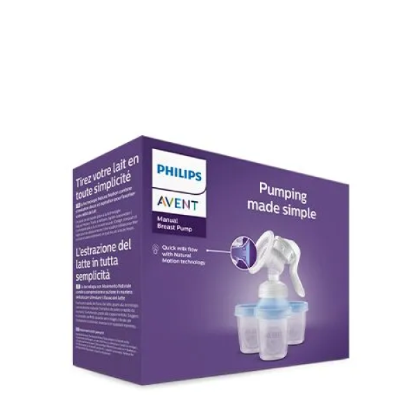 Philips AVENT Ръчна помпа за изцеждане на кърма Natural Motion, комплект 3 чаши за съхранение на кърма+биберон