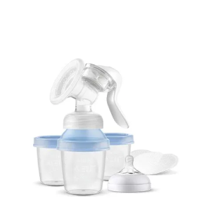 Philips AVENT Ръчна помпа за изцеждане на кърма Natural Motion, комплект 3 чаши за съхранение на кърма+биберон